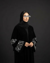 Load image into Gallery viewer, Eid Three-Piece Velvet Set: Embroidered Wide Sleeves Abaya, Inner Dress and Hijab (Black)