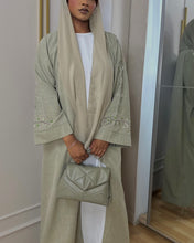 Load image into Gallery viewer, Three-Piece Set: Linen Blend Open Abaya with Stunning Handmade Embroidery & Inner Dress (Sage Green)