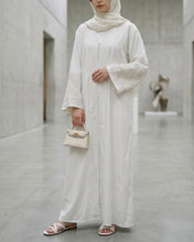 Load image into Gallery viewer, Luxury Indian Linen Abaya with Crystal Broderie Cuffs | Open Front Abaya (Pearl Ivory)