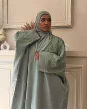 Load image into Gallery viewer, Three-Piece Calligraphy Set: Indian Linen Abaya, Inner Dress & Hijab (Mint)