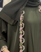 Load image into Gallery viewer, Three-Piece Set: Embroidered Lace Abaya, Inner Dress & Hijab (Deep Olive)