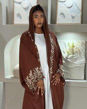 Load image into Gallery viewer, Pure Linen Butterfly Open Abaya with Two-Tone Floral Embroidery (No inner dress)