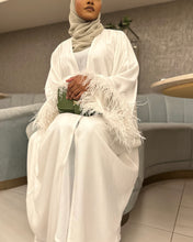 Load image into Gallery viewer, Nikkah Three-Piece Set: Abaya with Ostrich Feathers, Inner & Hijab (Off-White)