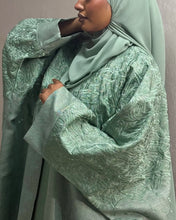 Load image into Gallery viewer, Three-Piece Calligraphy Set: Indian Linen Abaya, Inner Dress & Hijab (Mint)