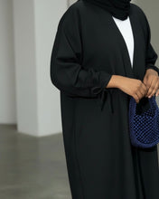 Load image into Gallery viewer, Ramadan Three-Piece Italian Linen Blend Set: Bow-Tied Sleeve Abaya, Inner Dress & Hijab (Black)