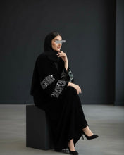 Load image into Gallery viewer, Eid Three-Piece Velvet Set: Embroidered Wide Sleeves Abaya, Inner Dress and Hijab (Black)