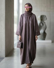 Load image into Gallery viewer, Three-Piece Calligraphy Set: Indian Linen Blend Abaya, Inner Dress & Hijab (Mauve)