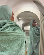 Load image into Gallery viewer, Three-Piece Calligraphy Set: Indian Linen Abaya, Inner Dress & Hijab (Mint)