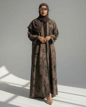 Load image into Gallery viewer, Three-Piece Set: Flowery Patterned Abaya, Inner Dress & Hijab (Mocha Taupe)