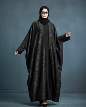 Load image into Gallery viewer, Eid Three-Piece Silk Jacquard Set: Cherry Tree Patterned Abaya, Inner Dress & Hijab (Black)