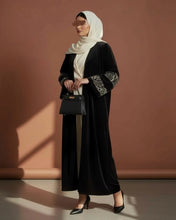 Load image into Gallery viewer, Eid Three-Piece Velvet Set: Embroidered Wide Sleeves Abaya, Inner Dress and Hijab (Black)