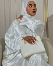 Load image into Gallery viewer, Three-Piece Nikkah Abaya Set: Satin Butterfly Abaya, Inner Dress and Hijab (Off-White)