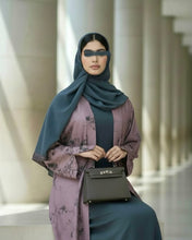 Load image into Gallery viewer, Ramadan Three-Piece Cloche Abaya Set: Two-Tone Abaya, Inner Dress & Hijab (Dusty Mauve / Denim)