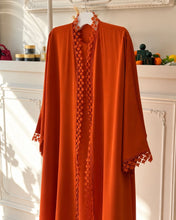 Load image into Gallery viewer, Three-Piece Lace Set: Open Abaya, Inner & Hijab (Burnt Orange)