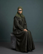 Load image into Gallery viewer, Eid Three-Piece Silk Jacquard Set: Cherry Tree Patterned Abaya, Inner Dress & Hijab (Olive)