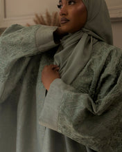 Load image into Gallery viewer, Three-Piece Calligraphy Set: Indian Linen Abaya, Inner Dress & Hijab (Mint)