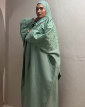 Load image into Gallery viewer, Three-Piece Calligraphy Set: Indian Linen Abaya, Inner Dress & Hijab (Mint)