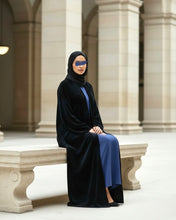 Load image into Gallery viewer, Three-Piece Velvet Set: Floral Abaya, Royal Blue Inner Dress & Hijab