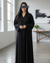 Load image into Gallery viewer, Italian Linen Abaya with Arabic Calligraphy Embroidered Sleeves (Black)