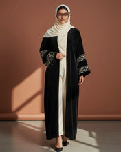 Load image into Gallery viewer, Eid Three-Piece Velvet Set: Embroidered Wide Sleeves Abaya, Inner Dress and Hijab (Black)