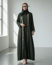 Load image into Gallery viewer, Three-Piece Set: Embroidered Lace Abaya, Inner Dress & Hijab (Deep Olive)