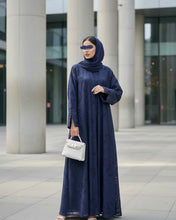 Load image into Gallery viewer, Three-Piece Textured Abaya Set: Laser Cut Abaya, Inner Dress & Hijab (Navy)