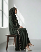 Load image into Gallery viewer, Three-Piece Set: Embroidered Lace Abaya, Inner Dress & Hijab (Deep Olive)
