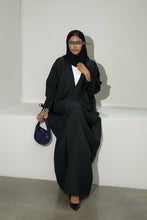 Load image into Gallery viewer, Ramadan Three-Piece Italian Linen Blend Set: Bow-Tied Sleeve Abaya, Inner Dress & Hijab (Black)