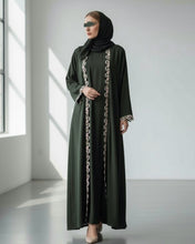 Load image into Gallery viewer, Three-Piece Set: Embroidered Lace Abaya, Inner Dress & Hijab (Deep Olive)
