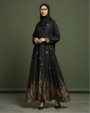 Load image into Gallery viewer, Eid Statement Gold Floral Patterned Abaya in Cloche-Cut