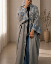 Load image into Gallery viewer, Grey Pure Linen Butterfly Open Abaya with Embroidered Detail | Matching Hijab Included (No Inner Dress)