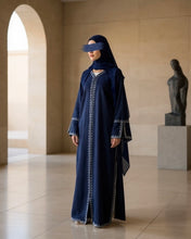 Load image into Gallery viewer, Linen Blend Embroidered Abaya with Split Sleeves (Navy)