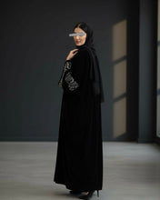 Load image into Gallery viewer, Eid Three-Piece Velvet Set: Embroidered Wide Sleeves Abaya, Inner Dress and Hijab (Black)
