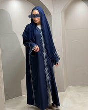 Load image into Gallery viewer, Modest back view of navy embroidered linen abaya with elegant split sleeves