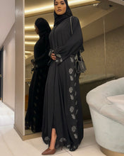 Load image into Gallery viewer, Modest back design of silver lace abaya for festive and formal wear