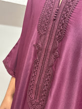Load image into Gallery viewer, Full front view of burgundy Moroccan thobe with elegant tailoring