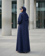 Load image into Gallery viewer, Three-Piece Textured Abaya Set: Laser Cut Abaya, Inner Dress & Hijab (Navy)