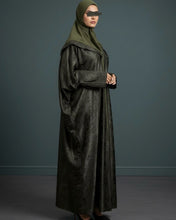 Load image into Gallery viewer, Eid Three-Piece Silk Jacquard Set: Cherry Tree Patterned Abaya, Inner Dress & Hijab (Olive)