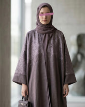 Load image into Gallery viewer, Three-Piece Calligraphy Set: Indian Linen Blend Abaya, Inner Dress & Hijab (Mauve)