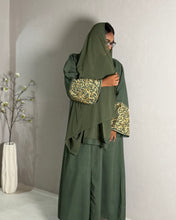 Load image into Gallery viewer, Italian Linen Blend Abaya with Arabic Calligraphy Embroidered Sleeves (Olive Green)