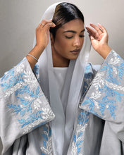 Load image into Gallery viewer, Pure Linen Butterfly Open Abaya with Two-Tone Floral Embroidery (No inner dress)
