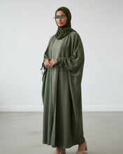 Load image into Gallery viewer, Ramadan Three-Piece Italian Linen Blend Set: Bow-Tied Sleeve Abaya, Inner Dress & Hijab (Olive)