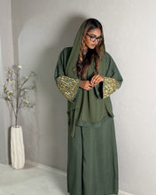 Load image into Gallery viewer, Italian Linen Blend Abaya with Arabic Calligraphy Embroidered Sleeves (Olive Green)