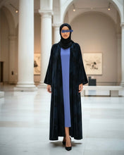 Load image into Gallery viewer, Three-Piece Velvet Set: Floral Abaya, Royal Blue Inner Dress & Hijab