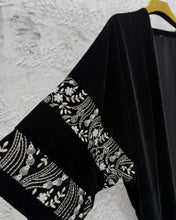 Load image into Gallery viewer, Eid Three-Piece Velvet Set: Embroidered Wide Sleeves Abaya, Inner Dress and Hijab (Black)