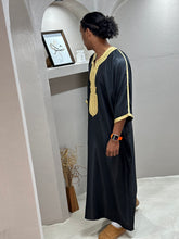 Load image into Gallery viewer, Detailed collar embroidery in gold on black Moroccan thobe