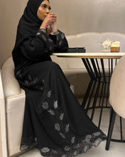 Load image into Gallery viewer, Intricate silver lace detailing on sleeves of Eid abaya