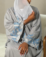 Load image into Gallery viewer, Pure Linen Butterfly Open Abaya with Two-Tone Floral Embroidery (No inner dress)