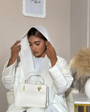 Load image into Gallery viewer, Three-Piece Nikkah Set: Pleated Butterfly Abaya, Inner Dress & Hijab (Off-White)