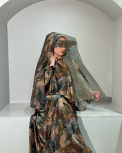 Load image into Gallery viewer, Soft Satin Flowery Patterned Abaya in Cloche Cut (Khaki)